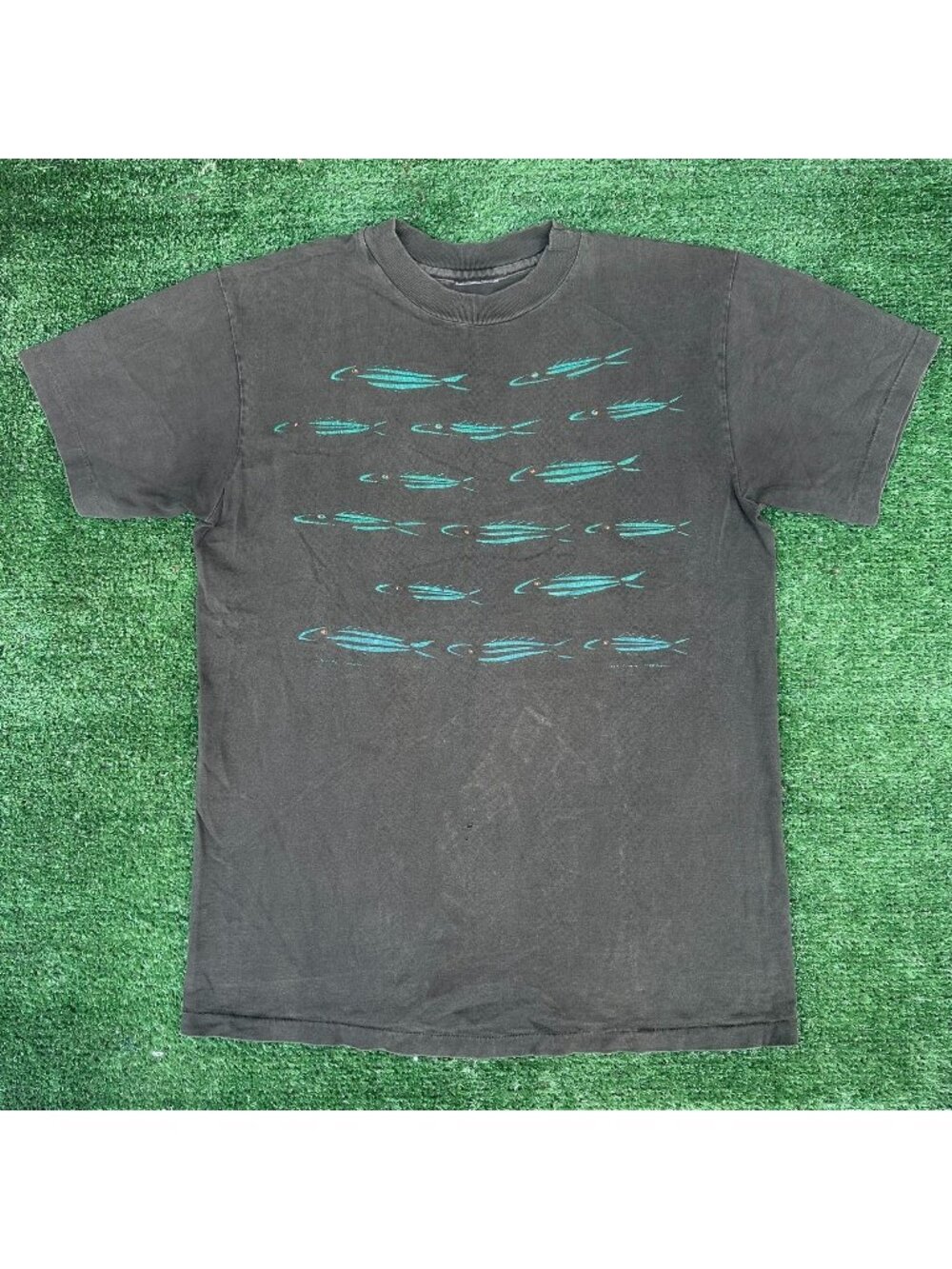 Vintage 90s Fish T-Shirt Faded Black S/M Single Stitch Outdoor Grunge Distressed
